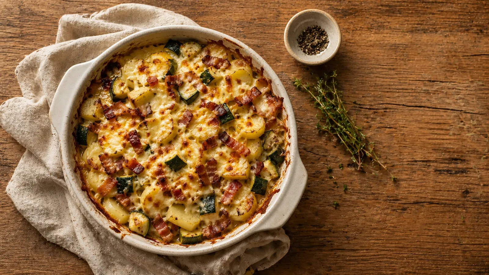 Aardappelovenschotel met courgette, spekjes en oude kaas