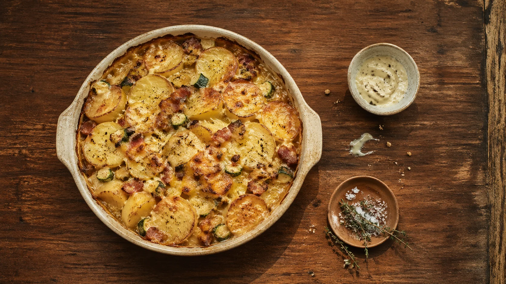 Aardappelovenschotel met courgette, spekjes en oude kaas