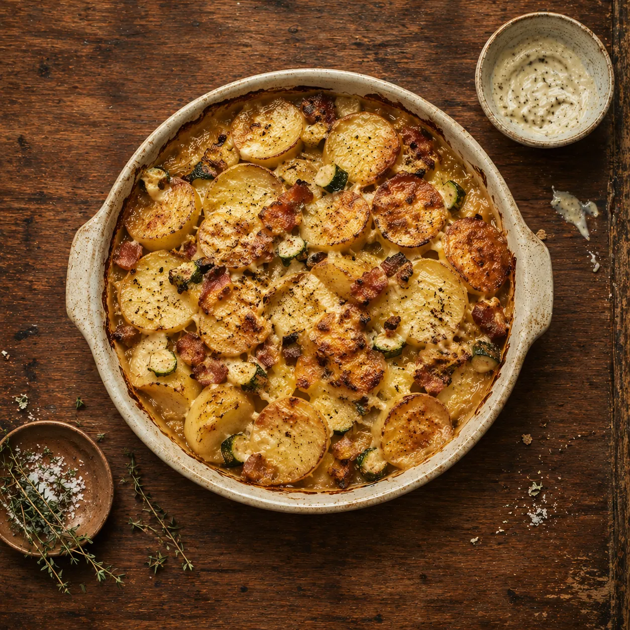 Aardappelovenschotel met courgette, spekjes en oude kaas