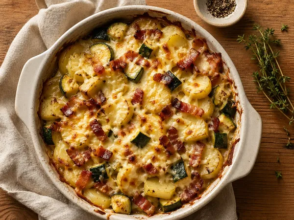 Aardappelovenschotel met courgette, spekjes en oude kaas