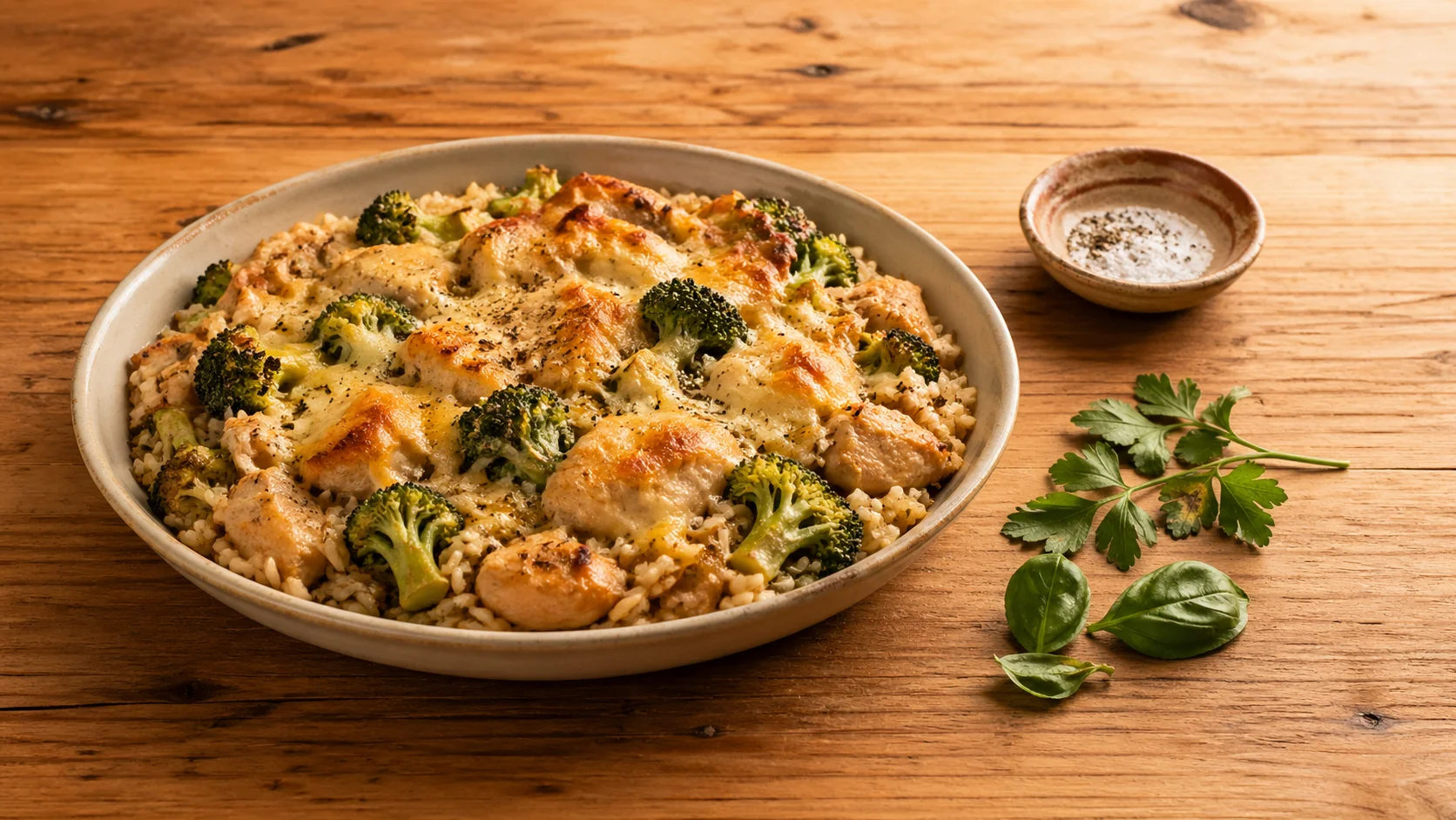 Eenpansgerecht met kip, broccoli en kaas