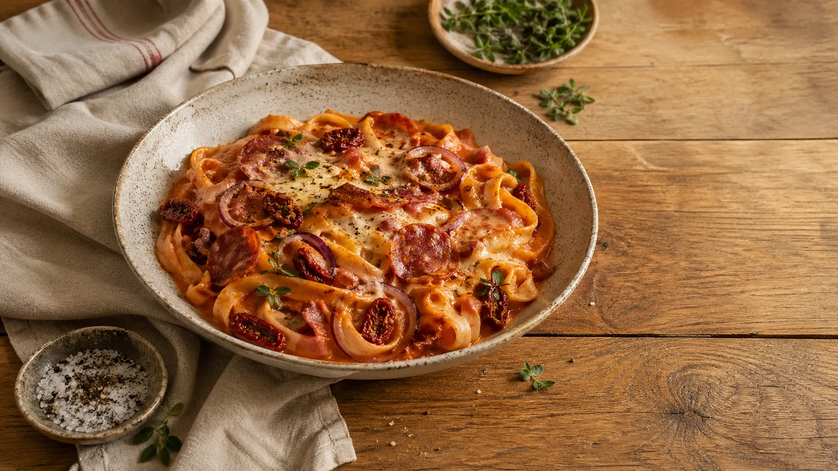 Fettuccine met rookkaas en salami