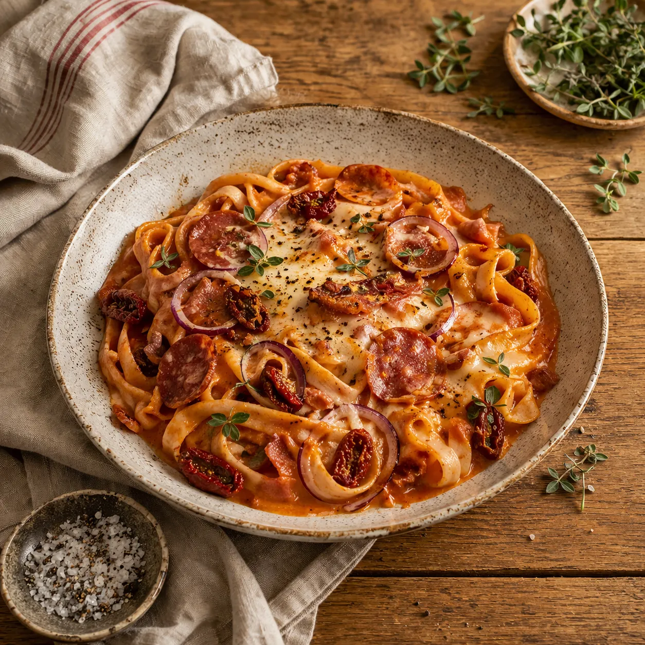 Fettuccine met rookkaas en salami